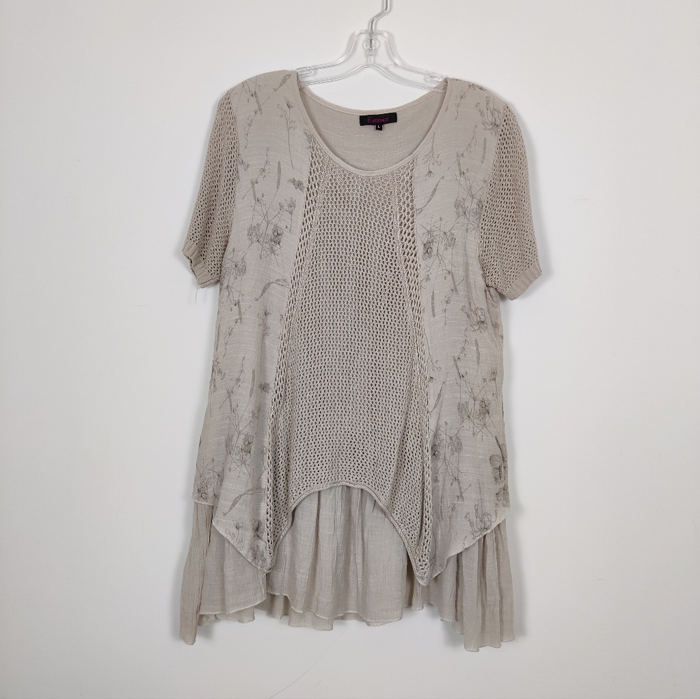 Evidence Women's Layered Bohemian Crochet Sleeve Tunic Top in Tan Size Large